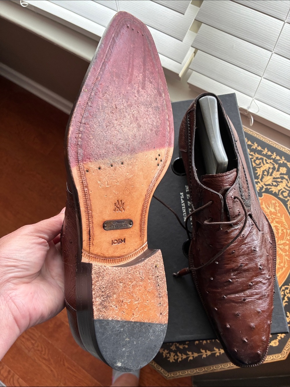 Mezlan Platinum Men’s 10.5 M Brown Romano Ostrich Leather Derby Lace-Up Shoes - Picture 13 of 16